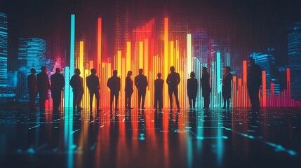 Diverse Business Equity Team Sharing Ownership and Decision Making Power in Glowing Futuristic Data Visualization