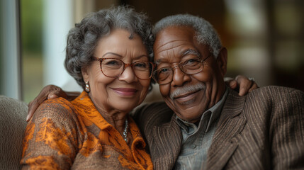 Seniors enjoying a cozy moment together, showcasing affection and warmth in a comfortable indoor setting. Generative AI