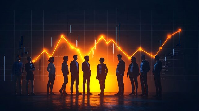Collaborative Equity Visualization A Diverse Team Examines Glowing Financial Data Dashboard