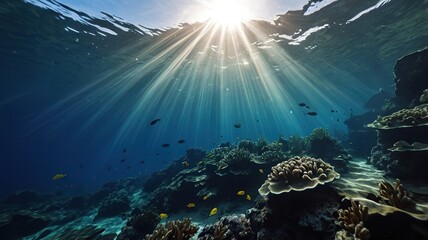 Fototapeta premium deep blue underwater with sun beams background.