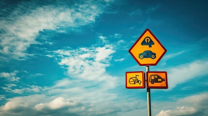 Low overhead clearance warning sign with bicycle and car symbols under a vibrant blue sky.