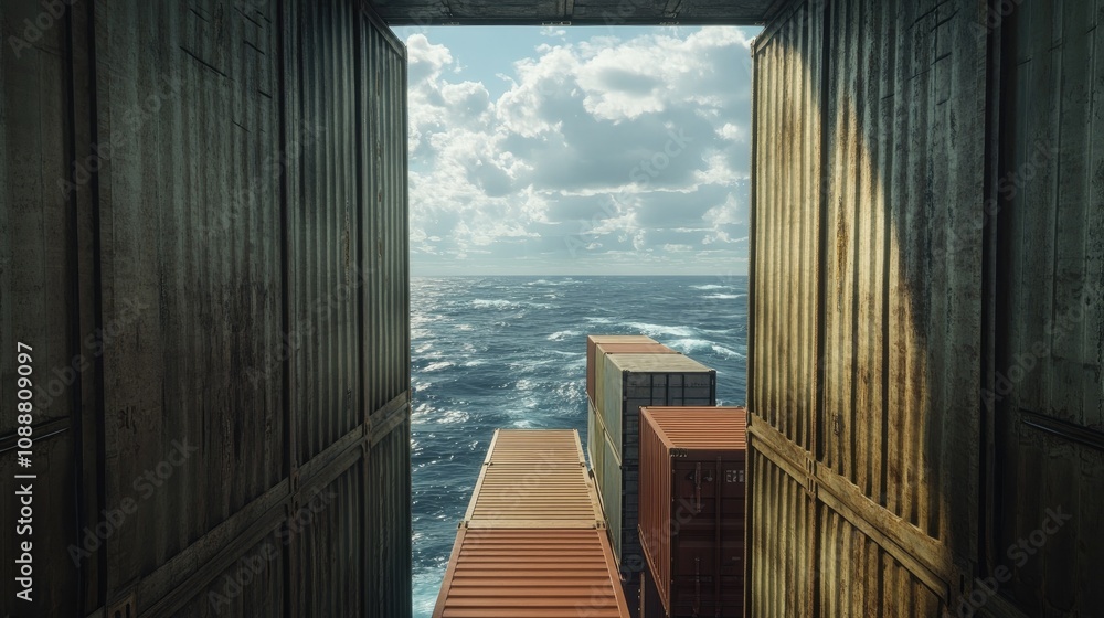 Poster ocean view from inside open shipping container.