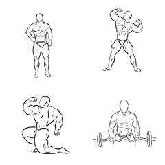 Posing bodybuilder, isolated vector silhouette, ink drawing