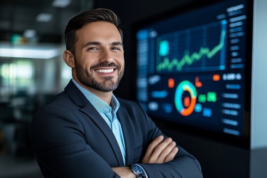 Accountant examining data on a large screen with financial summaries and growth projections