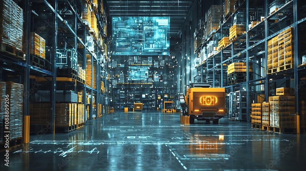 Poster futuristic smart warehouse with robotic automation and floating data holograms