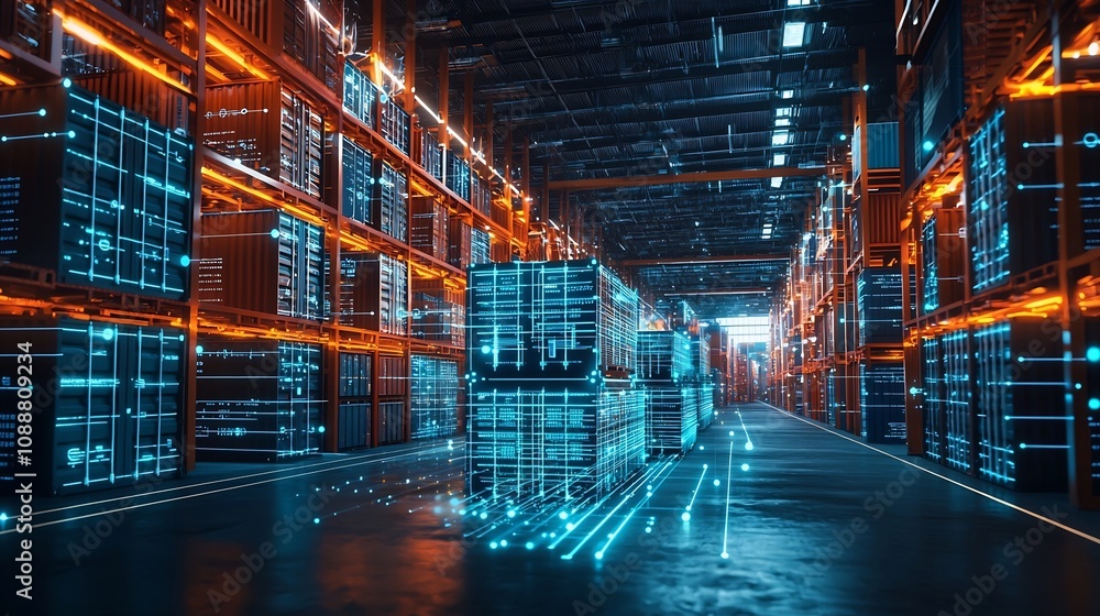 Poster futuristic smart warehouse with illuminated shipping containers and flowing data visualizations