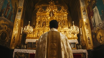 A man in a gold and white robe stands in front of a gold and white altar