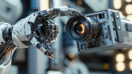 Fototapeta premium Robotic hand delicately adjusting a camera lens.