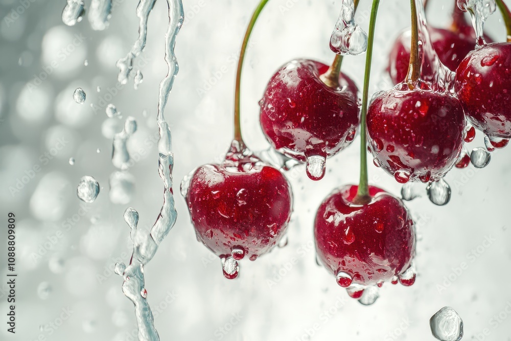 Poster fresh cherries with water droplets, creating a refreshing and vibrant visual effect.