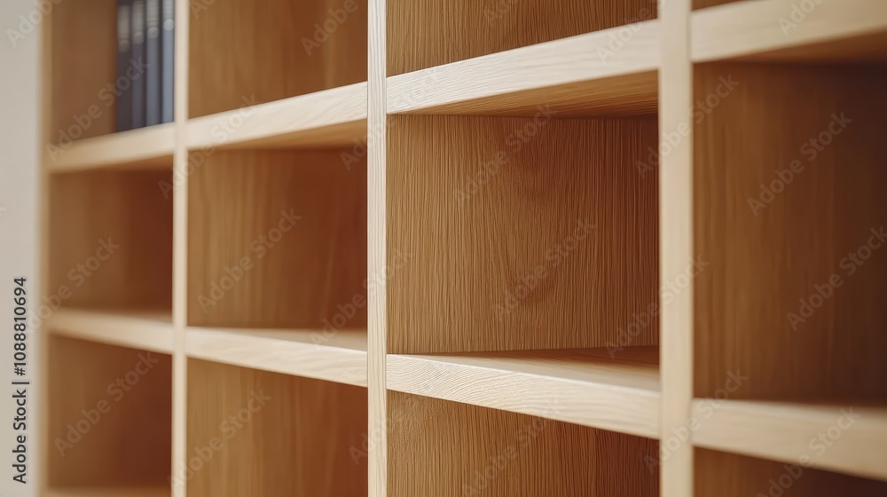 Poster a close-up view of a wooden shelf unit featuring multiple compartments, showcasing a clean and minim