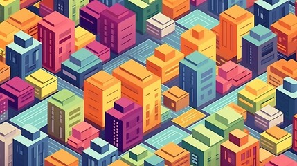 Orderly Vibrant Isometric City Grid with Colorful Buildings Arrangement