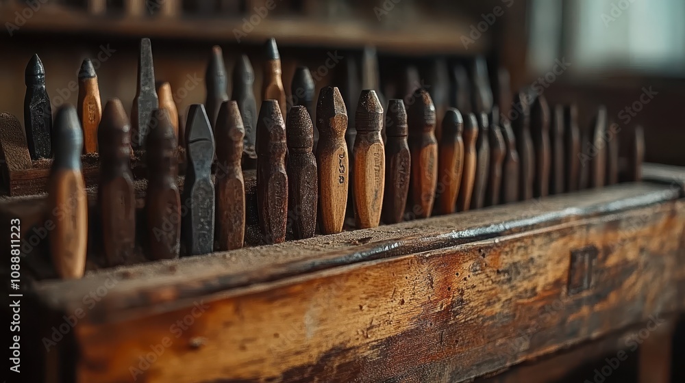 Poster a close-up view of wooden carving tools arranged neatly in a workshop, showcasing their worn handles