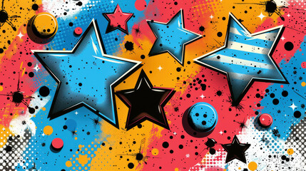 A colorful painting of stars with a blue star in the middle. The stars are scattered all over the painting, with some being closer to the foreground and others further back. The painting has a vibrant