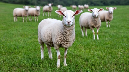 Obraz premium Shepherd Leading Herd of Sheep Across Lush Grassy Countryside