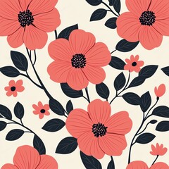A vibrant floral pattern featuring coral flowers and dark green leaves against a light background, creating a fresh and lively design.