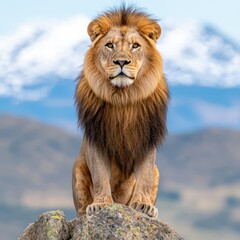 Obraz premium A majestic lion sits atop a rock, gazing confidently into the distance with a backdrop of snowy mountains.