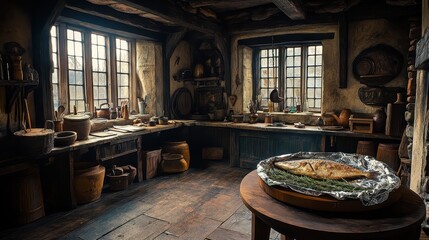 A rustic kitchen interior with wooden beams, natural light, and various cooking utensils, creating a warm, inviting atmosphere.