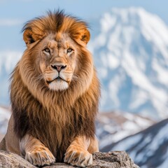 Obraz premium A majestic lion rests on a rocky outcrop with snow-capped mountains in the background, showcasing its powerful presence and striking mane.
