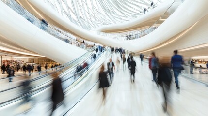 Blurred shoppers moving on escalators in a modern mall.