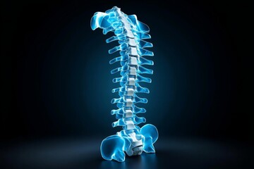 3D-rendered digital illustration of a spine X-ray, showing detailed bone structure and soft shadows