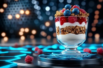 3D-rendered illustration of a yogurt parfait with layers of granola and fresh fruit, in vibrant digital colors