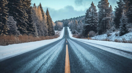 Fototapeta premium Snow-covered road winding through frosty winter forest with fir and spruce trees under blue sky, creating a scenic landscape for outdoor travel, nature exploration, and peaceful seasonal adventures