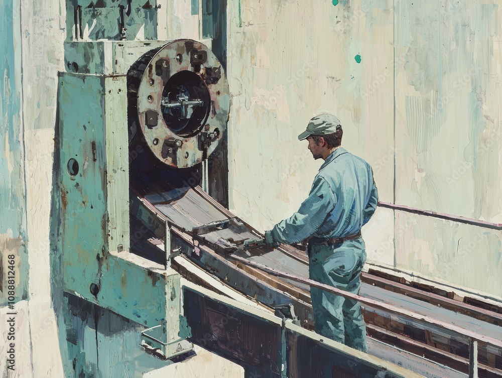 Poster industrial worker operating machinery in a factory setting with a focus on production and efficiency