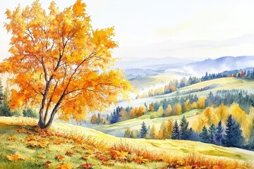 Naklejka premium A serene autumn landscape featuring a vibrant tree amidst rolling hills and distant mountains.