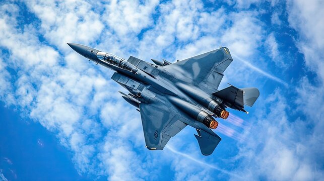 Fighter jet in flight, leaving contrails against a blue sky.