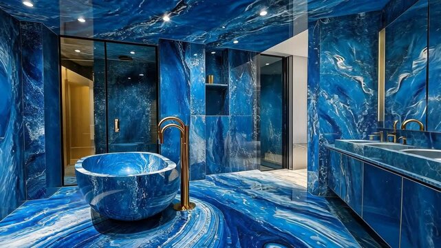 The image showcases a contemporary bathroom with walls and floor entirely clad in swirling blue marble