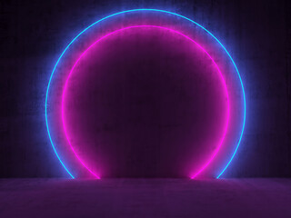 Modern futuristic neon lights on old grunge brick wall