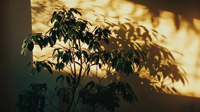 A houseplant, possibly a Schefflera, sits near a wall