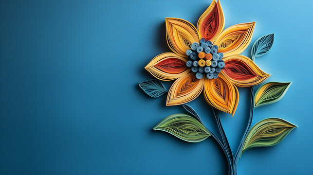 Create a quilling image of a blooming flower, incorporating different types of petals, leaves, and stems.