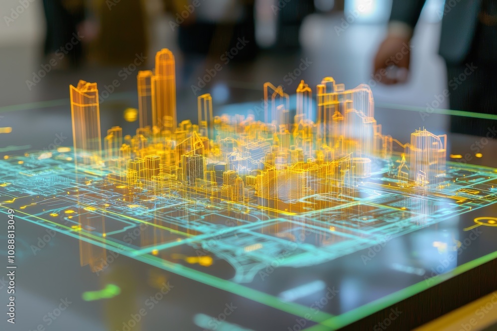 Aufkleber interactive 3d city model displaying urban architecture and infrastructure in bright neon colors for