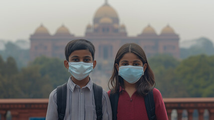 Indian boy and girl wearing face mask faces high levels of dust and Go to school with pollution in India.