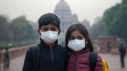 Indian boy and girl wearing face mask faces high levels of dust and Go to school with pollution in India.