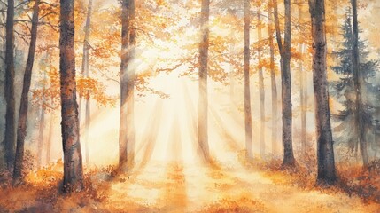 Fototapeta premium A serene forest scene with golden light filtering through trees, evoking tranquility and peace.