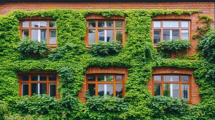 Naklejka premium Brick building facade covered in lush green ivy, showcasing multiple windows.