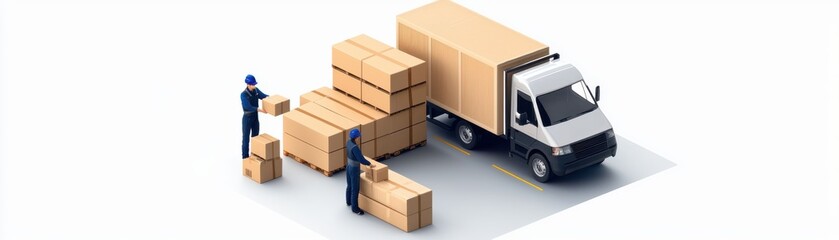 A delivery truck is unloading boxes while two workers organize the packages, showcasing logistics and shipping processes.