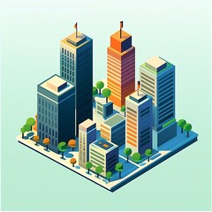 Vibrant Isometric Cityscape with Towering Skyscrapers and Modern Architecture