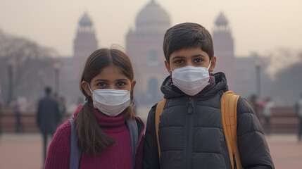 Indian boy and girl wearing face mask faces high levels of dust and Go to school with pollution in India.