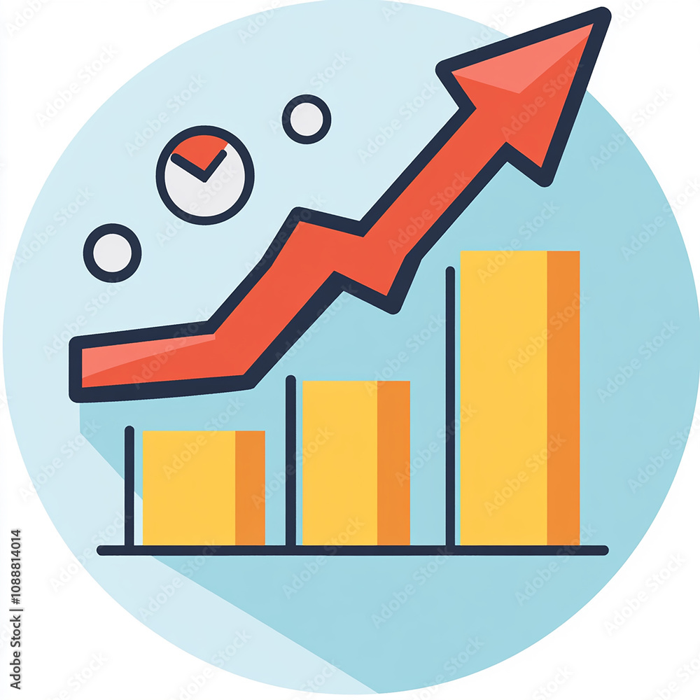 Poster a red arrow pointing upwards in front of a bar graph that is also increasing.