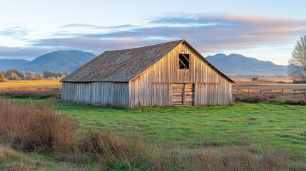 Obraz premium A rustic wooden barn sits serenely in a grassy field, with mountains in the background under a colorful sky at dusk.