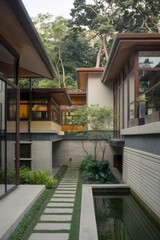 Fototapeta premium Modern Contemporary Home with Floor-to-Ceiling Windows and Beautiful Landscaping