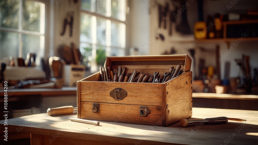 Poster a wooden toolbox filled with various tools sits on a table in a well-lit workshop, surrounded by oth