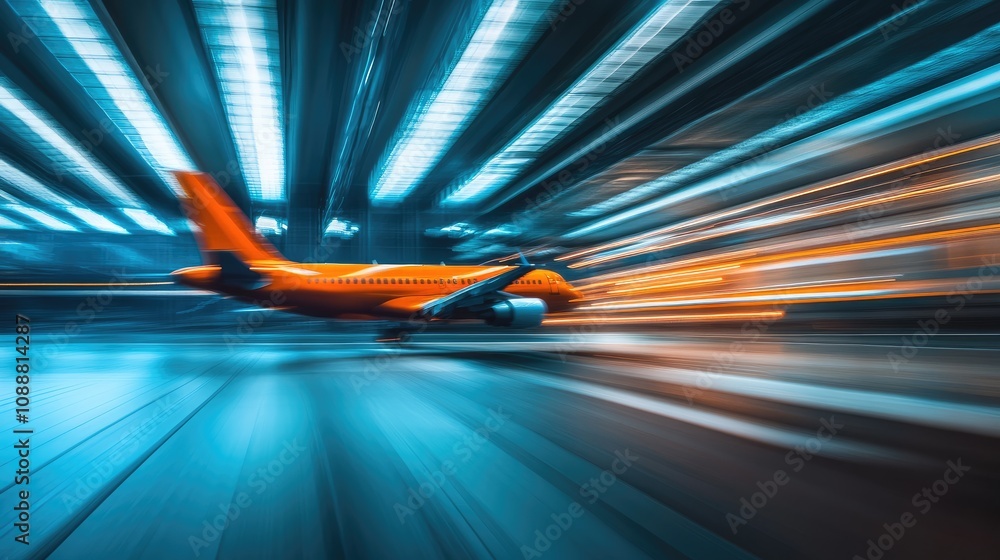Poster fast-moving orange airplane on runway with motion blur.