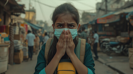 Indian boy and girl wearing face mask faces high levels of dust and Go to school with pollution in India.
