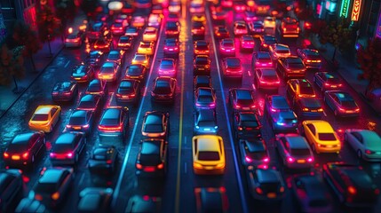 Obraz premium Night city traffic jam, aerial view.