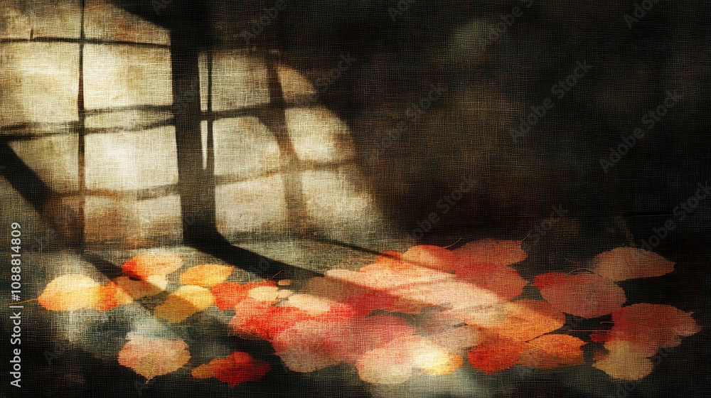 Poster a dimly lit scene with colorful autumn leaves scattered on the ground, illuminated by soft light str