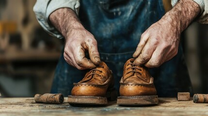 A craftsman meticulously ties the laces of newly crafted leather shoes in a workshop, showcasing traditional shoemaking skills.